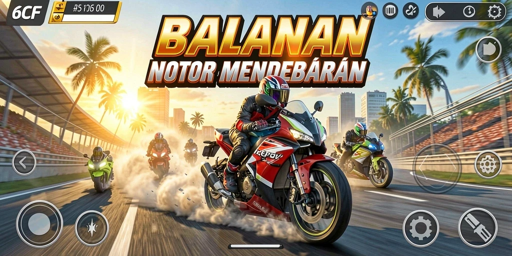 Tangkapan layar gameplay 6CF menampilkan balapan motor yang intens dan mendebarkan.