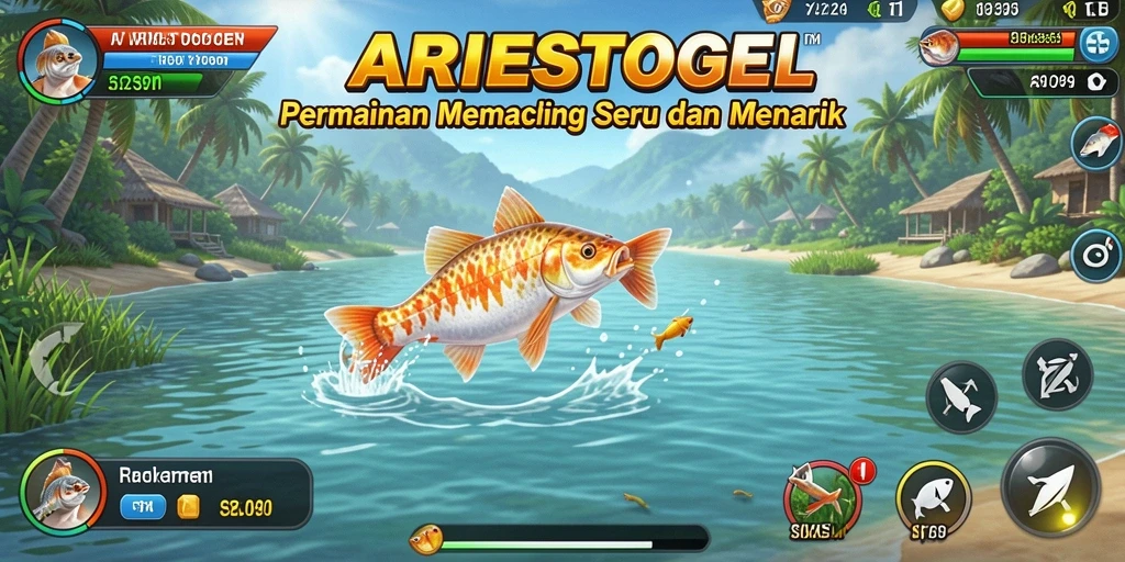 Screenshot gameplay ARIESTOGEL yang menampilkan aktivitas memancing yang seru.
