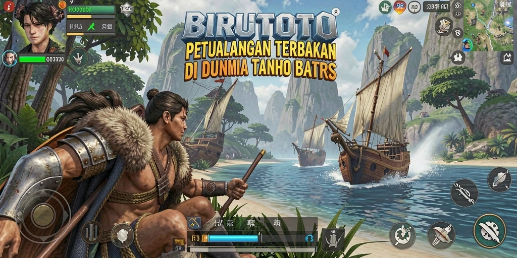 Tampilan gameplay BIRUTOTO dalam dunia terbuka yang luas.