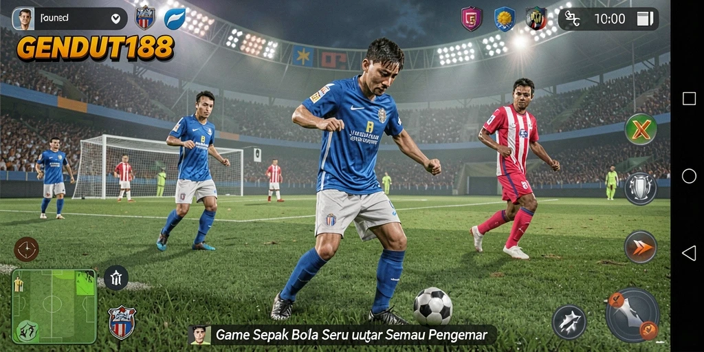 Screenshot gameplay GENDUT188 menunjukkan aksi mendebarkan di lapangan sepak bola.