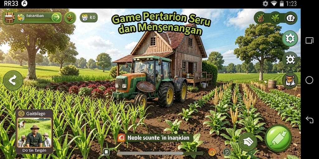 Screenshot gameplay RR33 menampilkan ladang yang luas dan aktivitas bertani yang seru.